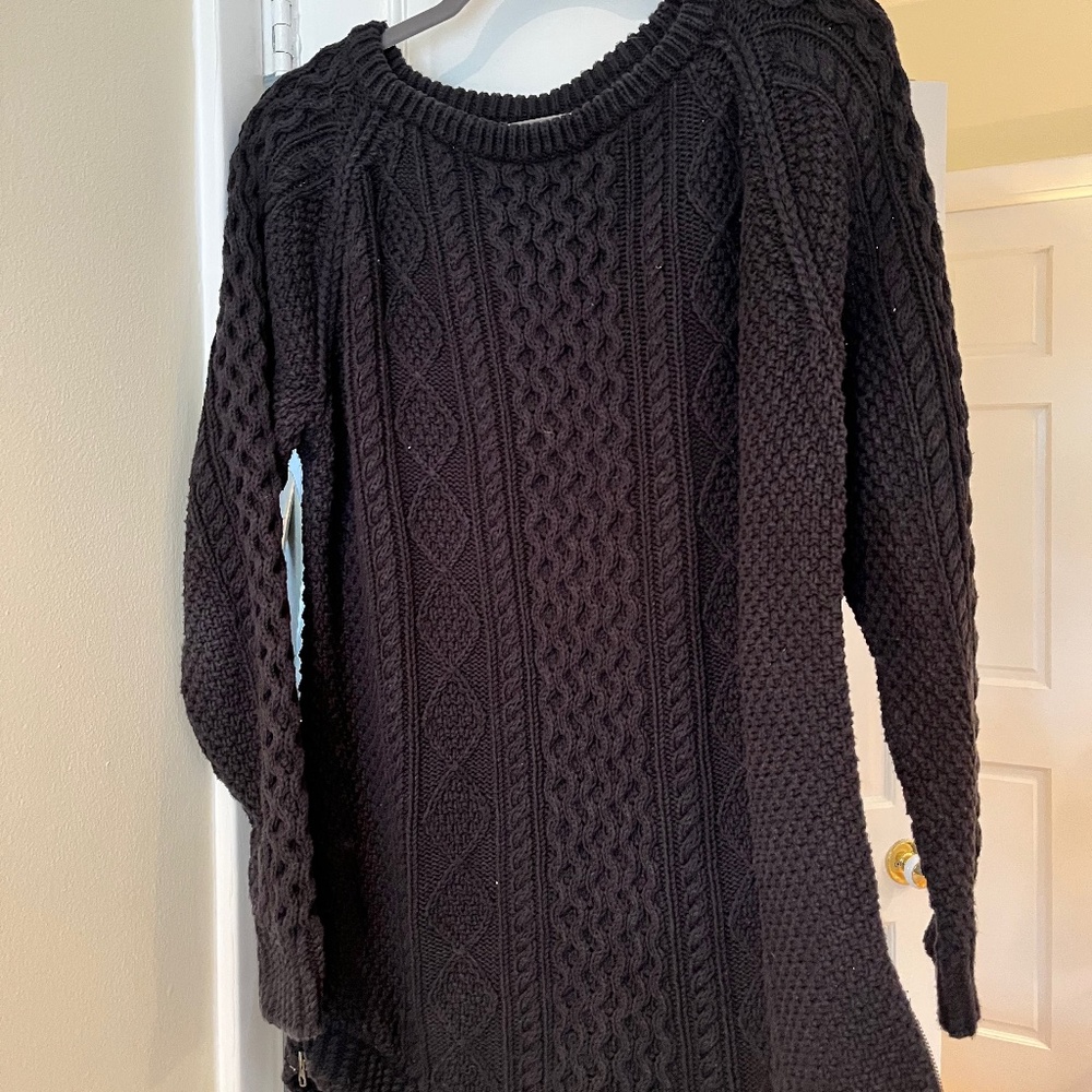 LL Bean Fisherman's Tunic Sweater, Cable Knit, Black, Large